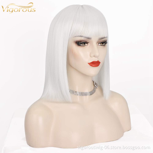 White Synthetic none Lace Front Wig Women's Short Straight Bob Wigs With Neat Tidy Bangs High Temperature Fiber Middle Part
